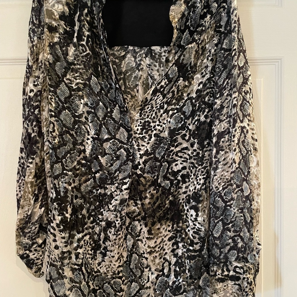 Alice + Olivia Black and Cream Snake-Print Sheer Blouse